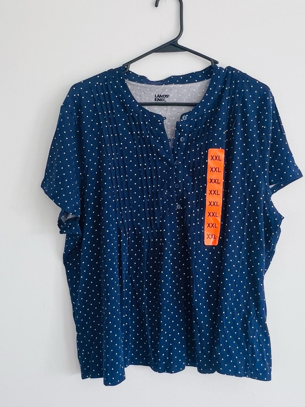 Lands' End Navy with White Polka Dot Pintuck Blouse